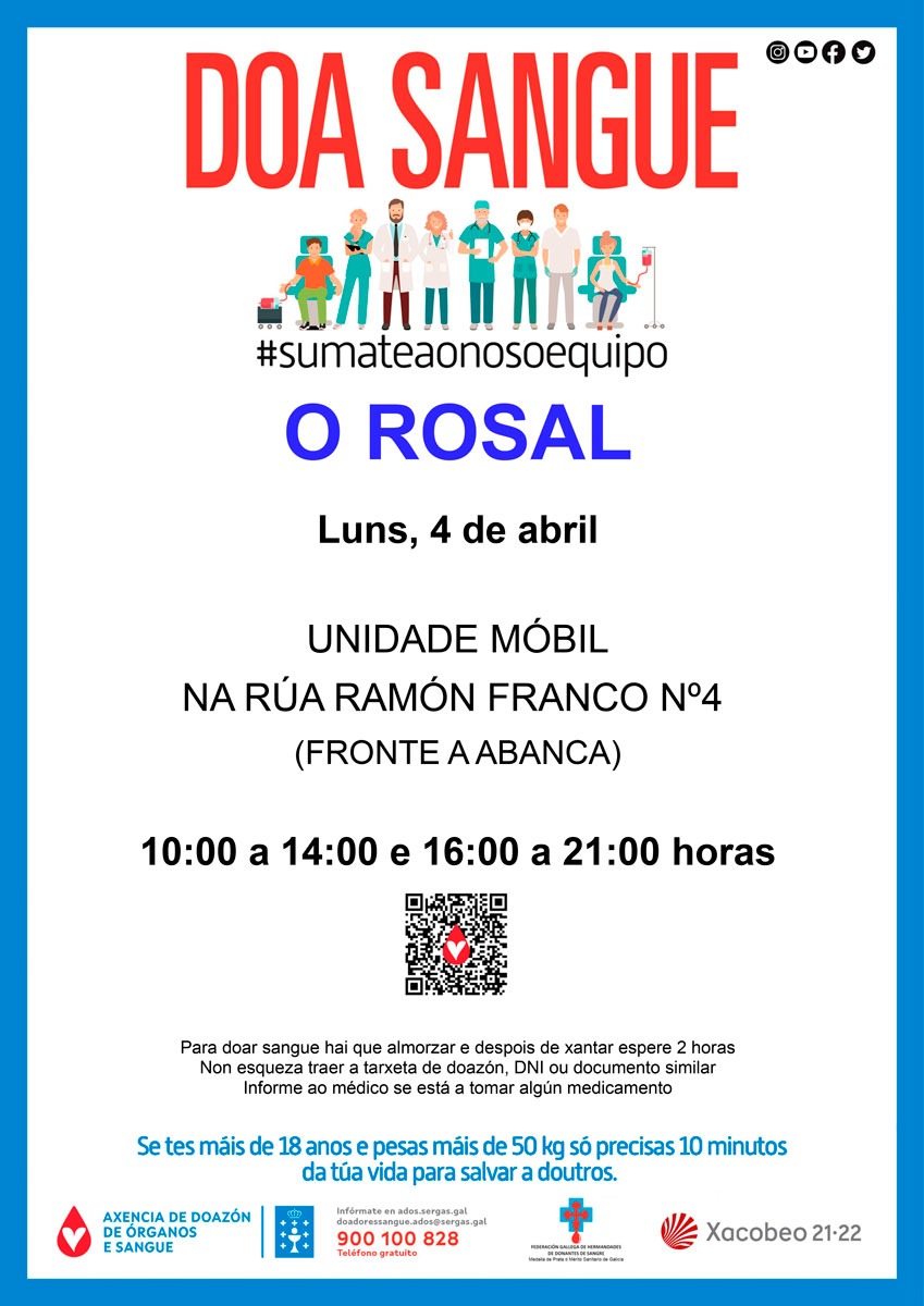 Unha unidade móbil de doazón de sangue visita O Rosal o vindeiro 4 abril