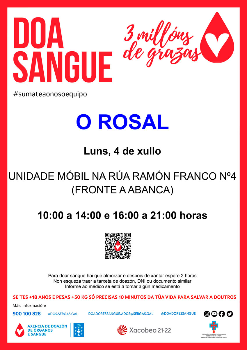 Unha unidade móbil de doazón de sangue estará no Rosal o vindeiro 4 de xullo